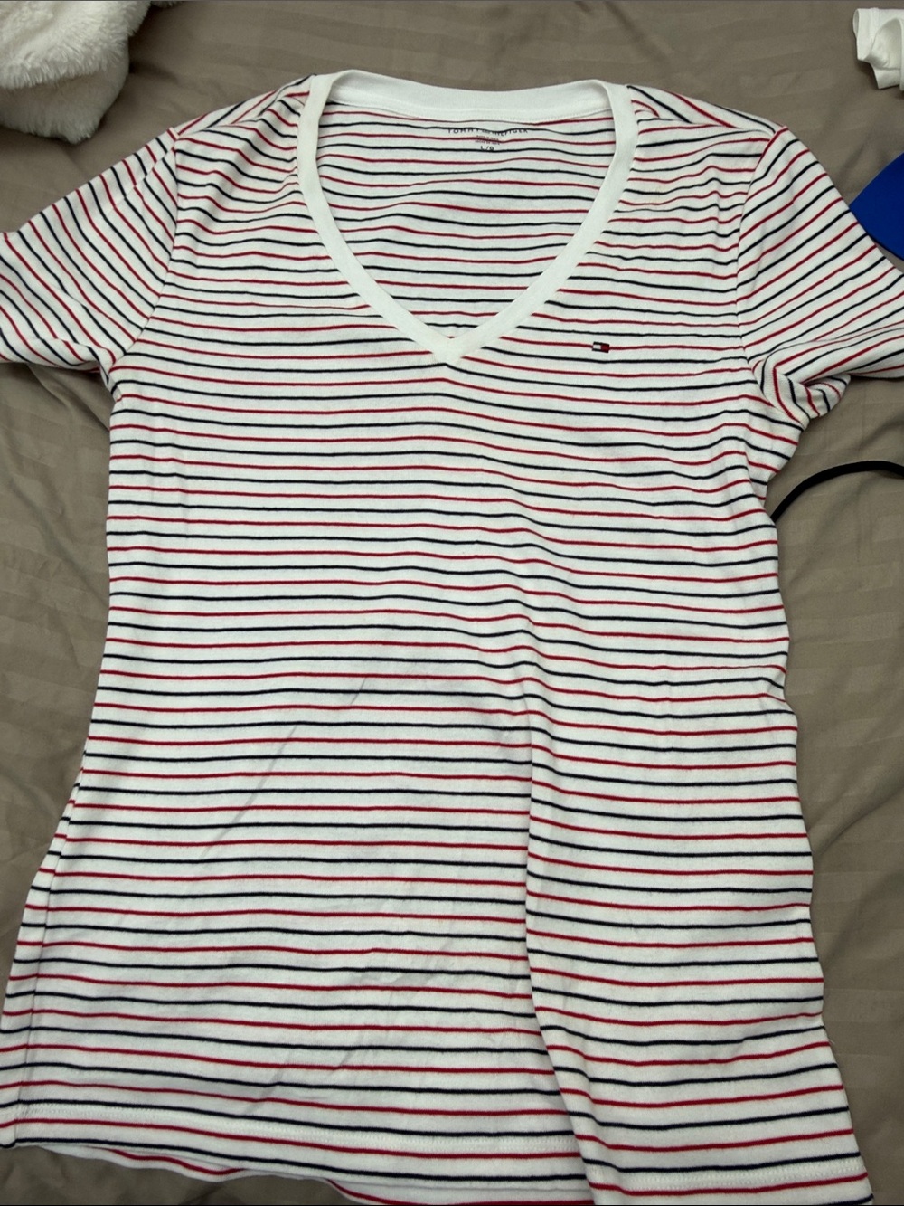 Tommy Hilfiger White V-Neck Striped Tee with Red & Navy Lines